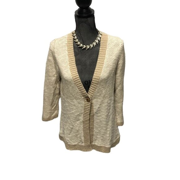 Christopher and Banks Cardigan Womens Medium Tan White Single Button Sweater - Picture 1 of 7